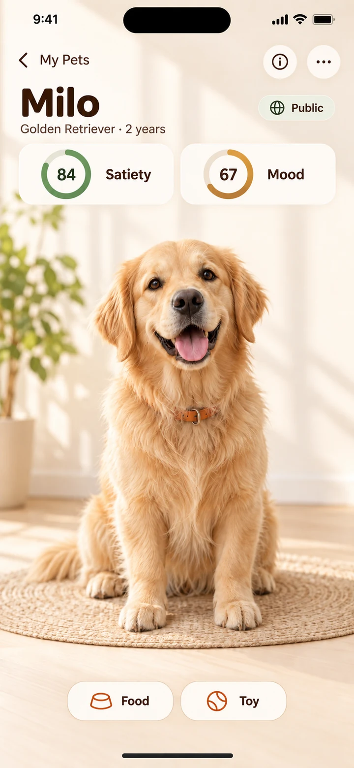 App design preview: Milo's Pet Room with satiety, mood, food and toy controls