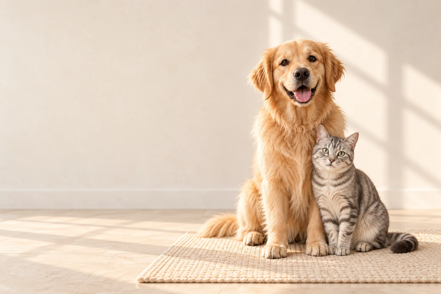A golden retriever and a tabby cat sharing a quiet moment in a sunlit, warm ivory room